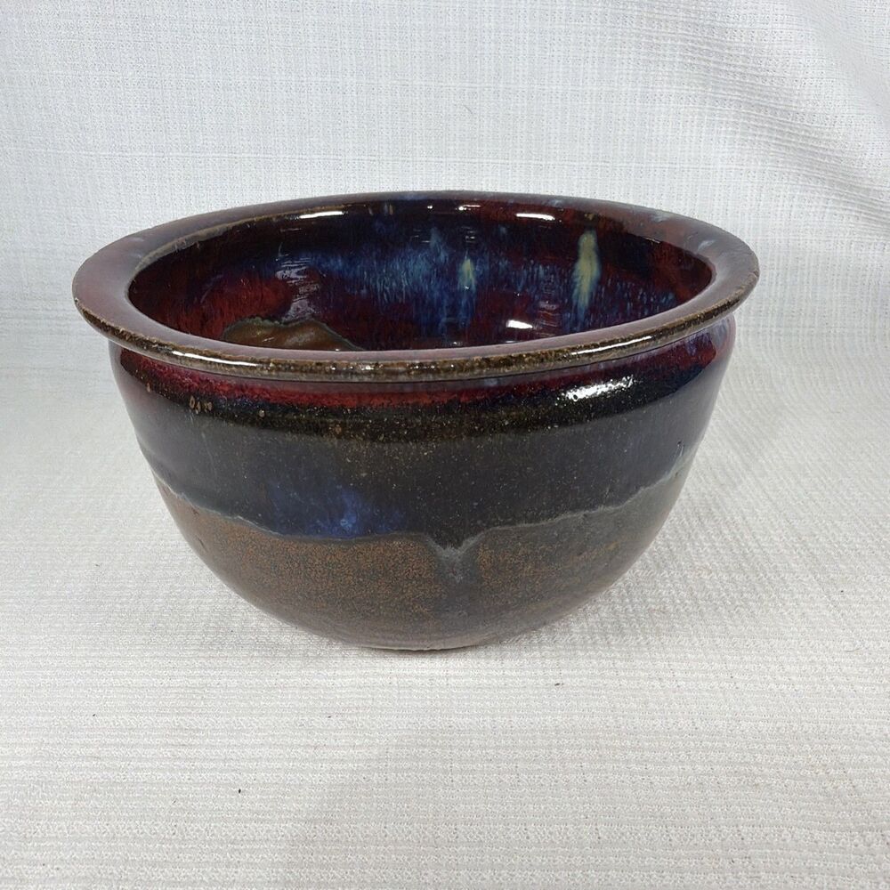 Signed Studio Art Pottery Stoneware Bowl Red Blue Drip Glaze VOC 6.5"